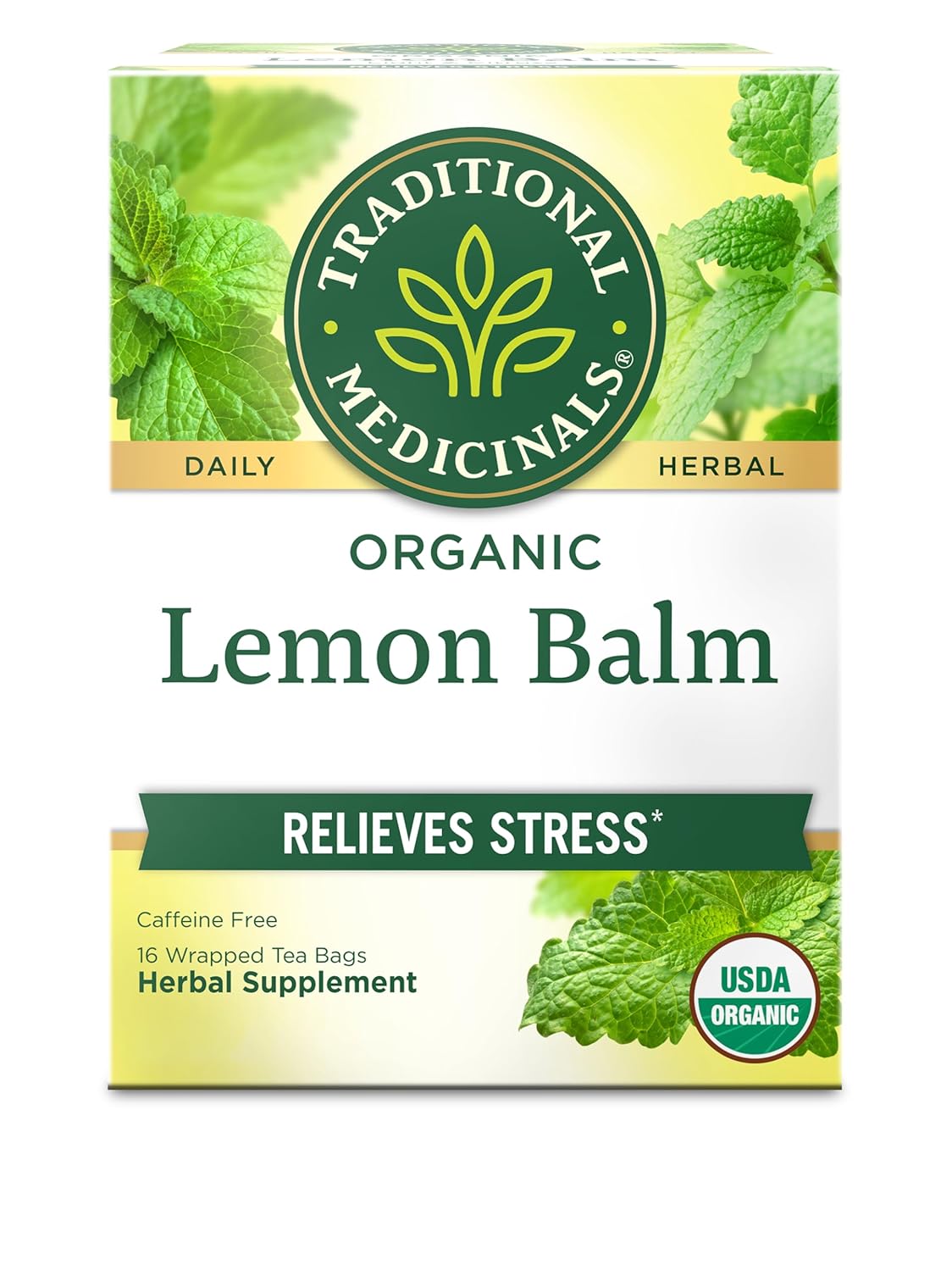 Traditional Medicinals Organic, Lemon Balm - Supports Stress Relief & Digestive Health - Kosher, Non-GMO, Caffeine-Free, Compostable - 16 Tea Bags