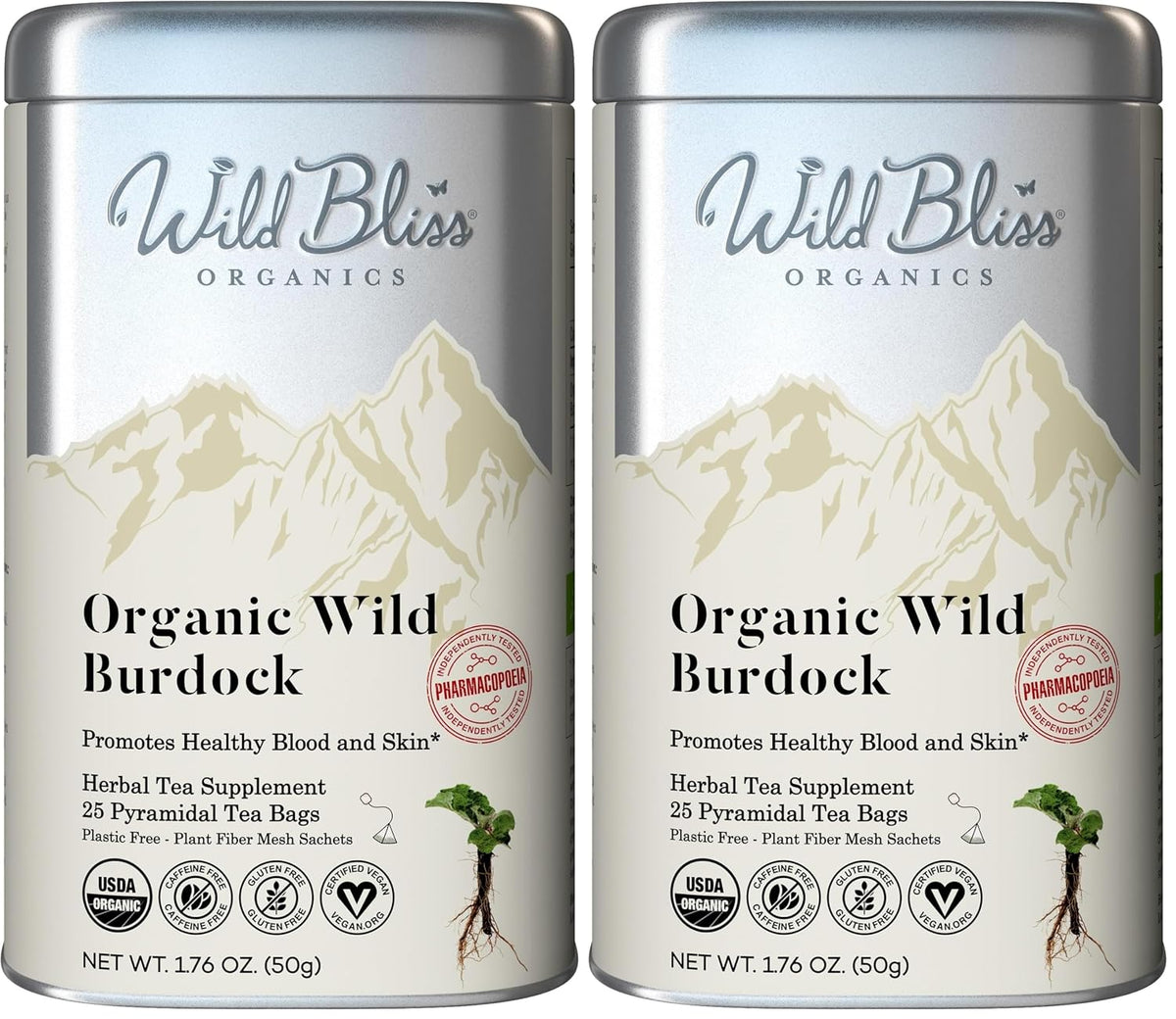 Wild Bliss Organic Burdock Root Tea - Caffeine Free Herbal Detox Support - Pharmacopoeia Quality - 25 Plant Based Tea Bags (Pack of 2)