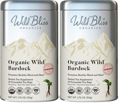 Wild Bliss Organic Burdock Root Tea - Caffeine Free Herbal Detox Support - Pharmacopoeia Quality - 25 Plant Based Tea Bags (Pack of 2)