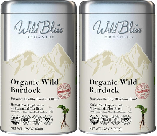 Wild Bliss Organic Burdock Root Tea - Caffeine Free Herbal Detox Support - Pharmacopoeia Quality - 25 Plant Based Tea Bags (Pack of 2)