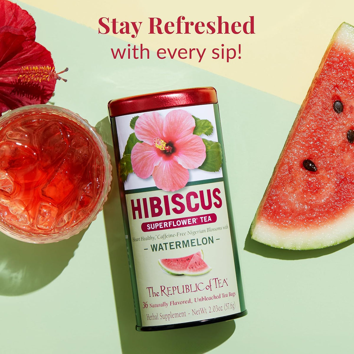 The Republic of Tea Hibiscus Watermelon Herbal Tea, Caffeine Free, 36 Count