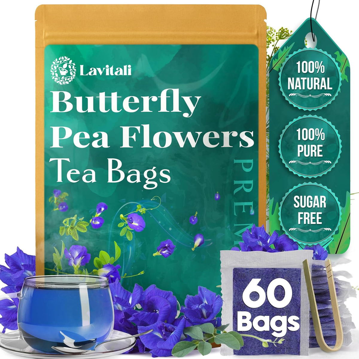 Lavitali, Butterfly Pea Flower Tea | 60 bags, 100% Pure Herbal Tea | Caffeine-Free, Antioxidant-Rich, Eco-Friendly Filter Bag | Daily Natural Botanical, Hot or Iced Floral Infusion