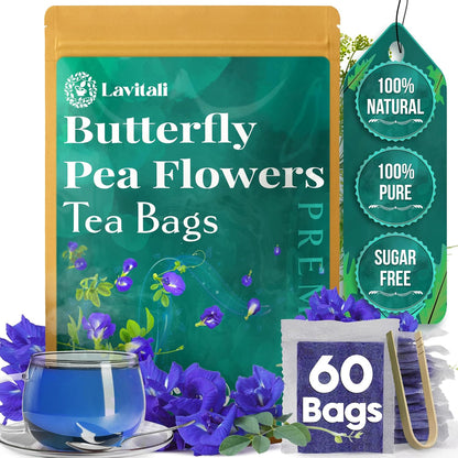 Lavitali, Butterfly Pea Flower Tea | 60 bags, 100% Pure Herbal Tea | Caffeine-Free, Antioxidant-Rich, Eco-Friendly Filter Bag | Daily Natural Botanical, Hot or Iced Floral Infusion