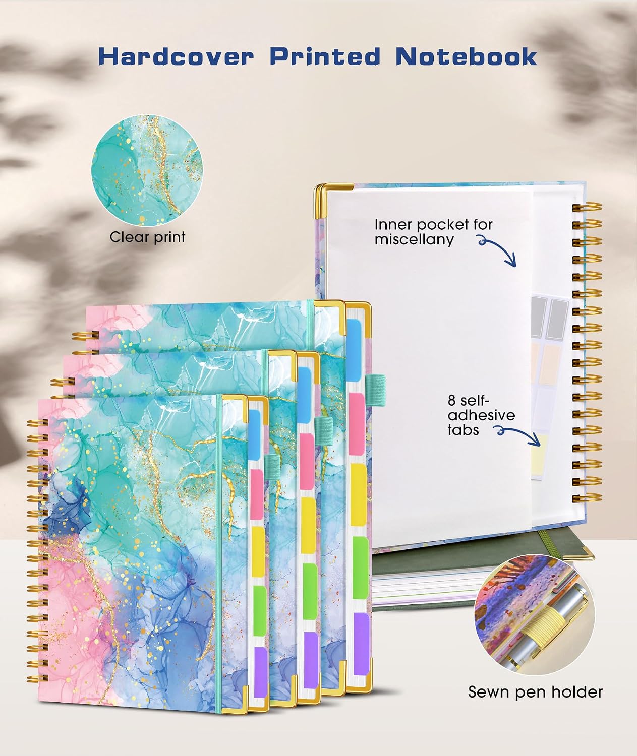 Hardcover Spiral Notebook journal with Removable Dividers Tabs, 300 Pages Leather 5 Subject Notebook College Ruled, 8"x10" Large B5 Notebooks for Work School Note taking, Lined Journal for Women,Black