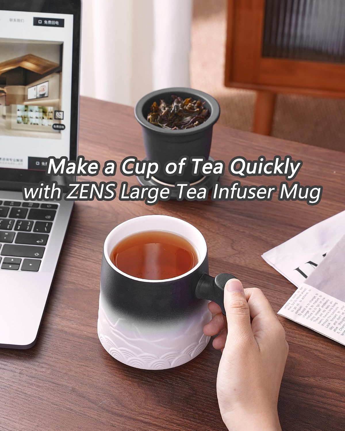 ZENS Embossed Ceramic Tea Mug with Infuser and Lid, 14.5 oz Wooden Handle, Loose Leaf Tea Steeper Cup & Strainer for Tea Lovers Gifts