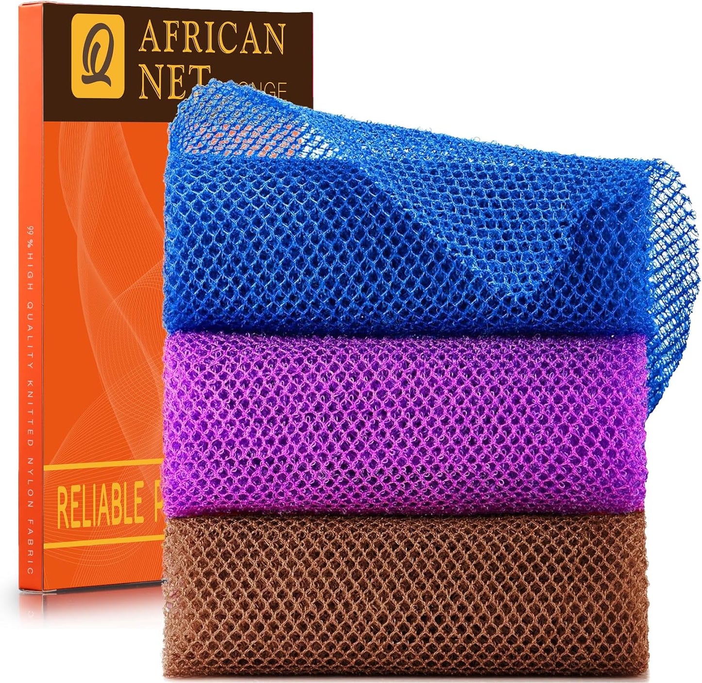 UJFQBH 3 Pieces African Bath Sponge African Net Long Net Bath Sponge Exfoliating Shower Body Scrubber Back Scrubber Skin Smoother,Great for Daily Use (Pink,Yellow,Purple)