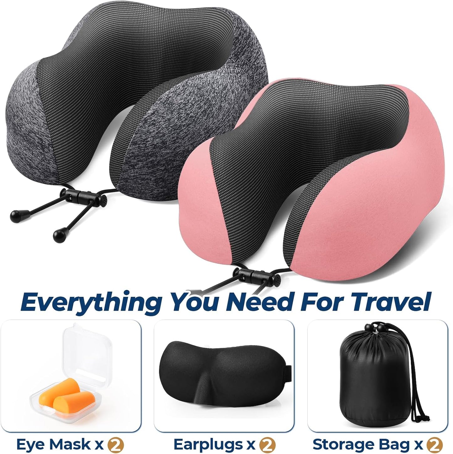 ExploreBliss Travel Pillow, Travel Pillows for Sleeping Airplane, Neck Pillow Airplane, Memory Foam Neck Pillow Set with Eye Mask, Earplugs and Storage Bag -Grey