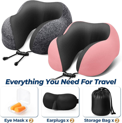 ExploreBliss Travel Pillow, Travel Pillows for Sleeping Airplane, Neck Pillow Airplane, Memory Foam Neck Pillow Set with Eye Mask, Earplugs and Storage Bag -Grey