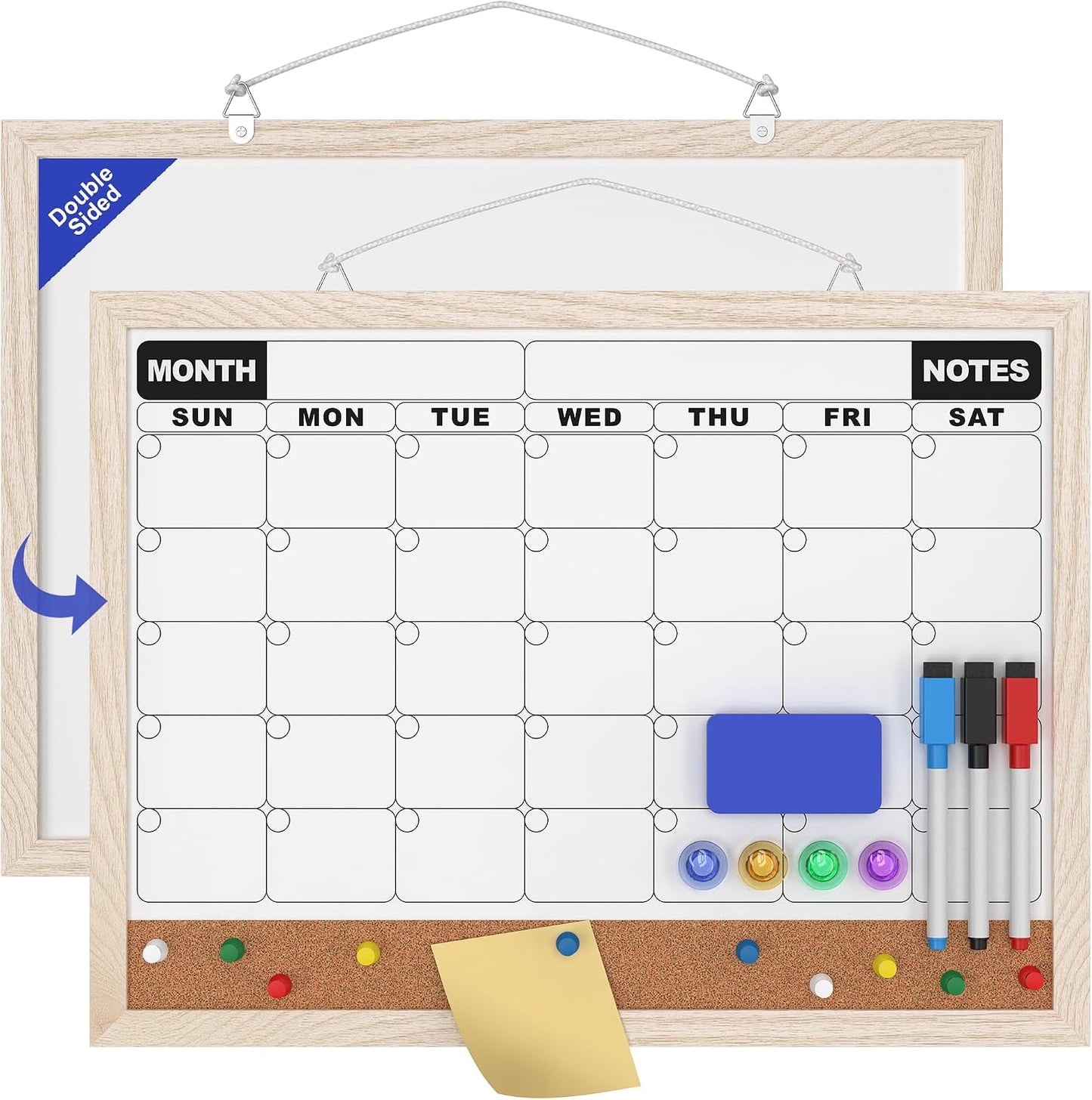 Monthly Calendar Dry Erase Board 16x12 Inch, Double-Sided Whiteboard and Corkboard Combo, Wall Mounted Planner Organizer with Markers, Magnets, Push Pins, Eraser, for Home Office School