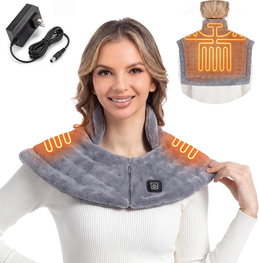 Weighted Heating Pad for Neck and Shoulders Back, Plug-in Heated Shoulder Wrap with 12V 2A Power Cord, No Battery Large Neck Heating Pad, 3 Heat Settings & Auto Shut Off, Ideal Gift for Mom and Dad
