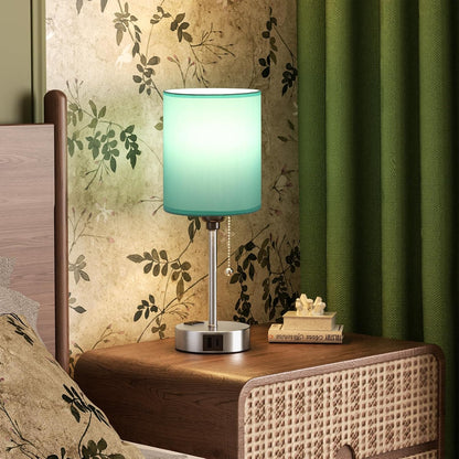 Small Bedside Table lamp for Bedroom - 3 Color Temperatures Bedside Lamps with USB C and A Ports, Pull Chain Table Lamps with AC Outlet, White Nightstand Lamps with Black Metal Base for Kids Reading