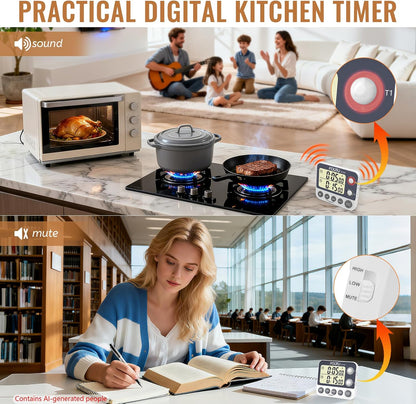 Digital Dual Kitchen Timer, 3-Channel Magnetic Countdown Timer for Cooking