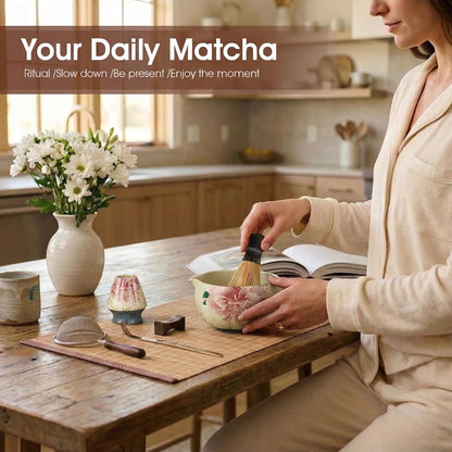 Matcha Whisk Set, 7-Piece Matcha Kit with Ceramic Bowl, Bamboo Whisk, Scoop, Sifter, Holder & Bamboo Mat – Premium Matcha Tea Set for Beginners & Matcha Lovers