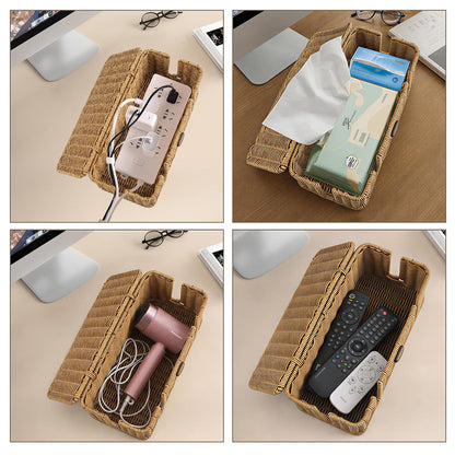 2 Pack Rattan Cable Management Box, Large Cord Organizer Box with Lid Under Desk Router Hider Storage Box with 4 Exits, Wire Box Hider for TV Wires Computer Surge Protector USB Hub Power Strip