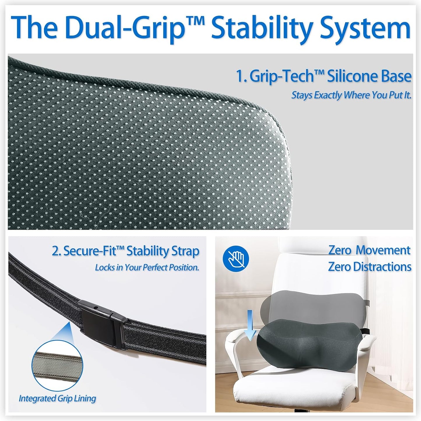 Lumbar Support Pillow for Car with Dual-Grip Stability System - Advanced Adaptive Memory Foam Back Pillow for Lower Back Pain Relief, Ergonomic Driving Seat & Office Chair Cushion, Black