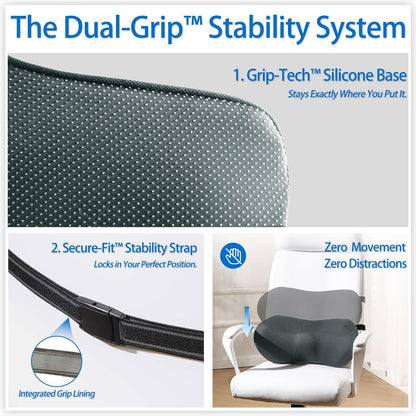 Lumbar Support Pillow for Car with Dual-Grip Stability System - Advanced Adaptive Memory Foam Back Pillow for Lower Back Pain Relief, Ergonomic Driving Seat & Office Chair Cushion, Black