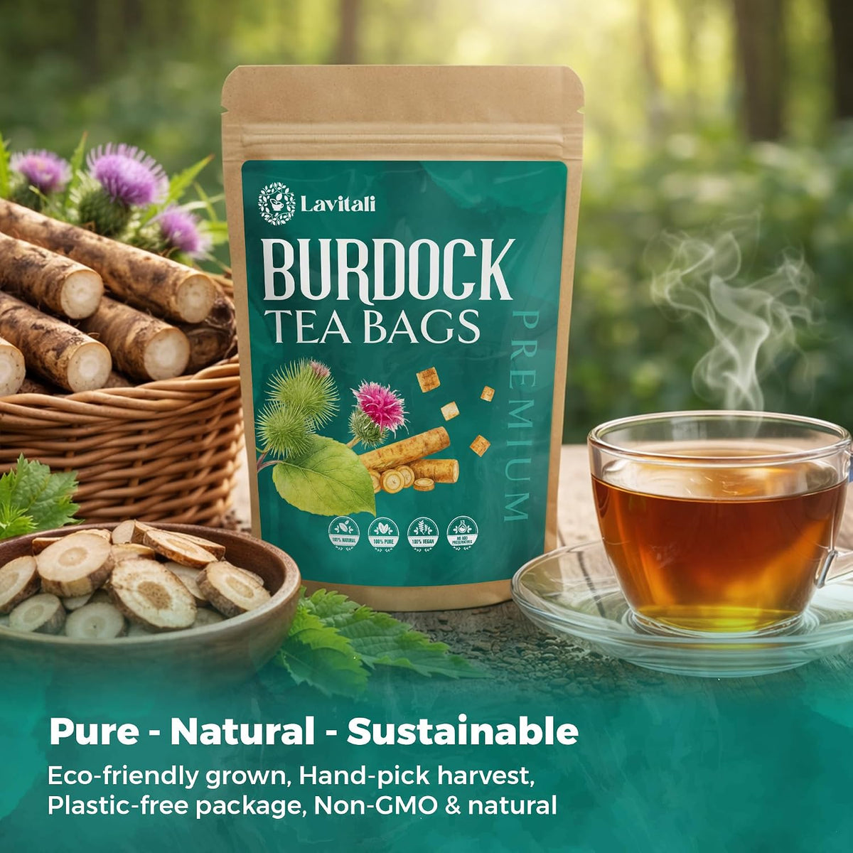 Lavitali, Burdock Root Tea Bags | 120 bags, 100% Pure Herbal Tea | Caffeine-Free, Antioxidant-Rich, Eco-Friendly Filter Bag | Daily Natural Botanical, Hot or Iced Herbal Infusion