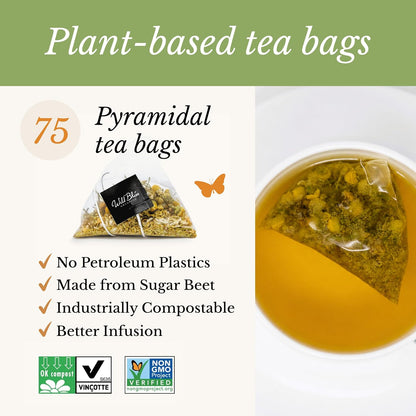 Wild Bliss Organic Chamomile Tea - Caffeine Free Calming Herbal Support - Pharmacopoeia Potency - 75 Plant Based Tea Bags