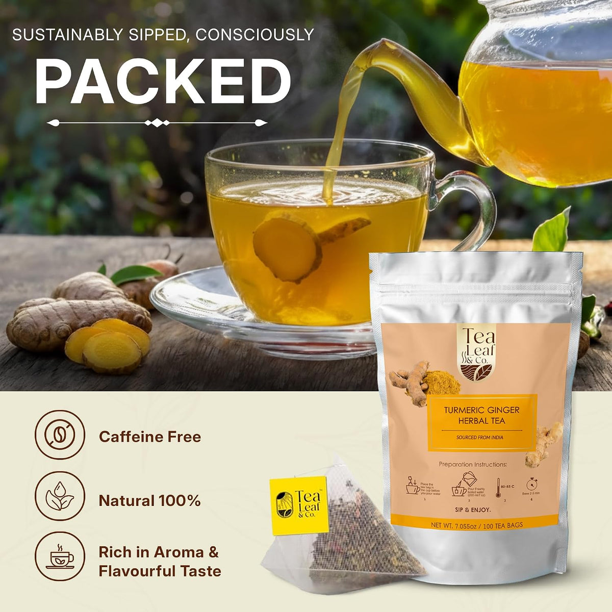 Turmeric Ginger Herbal Tea 200gm/7oz, Natural Herbal Infusion, 100 Tea Bags