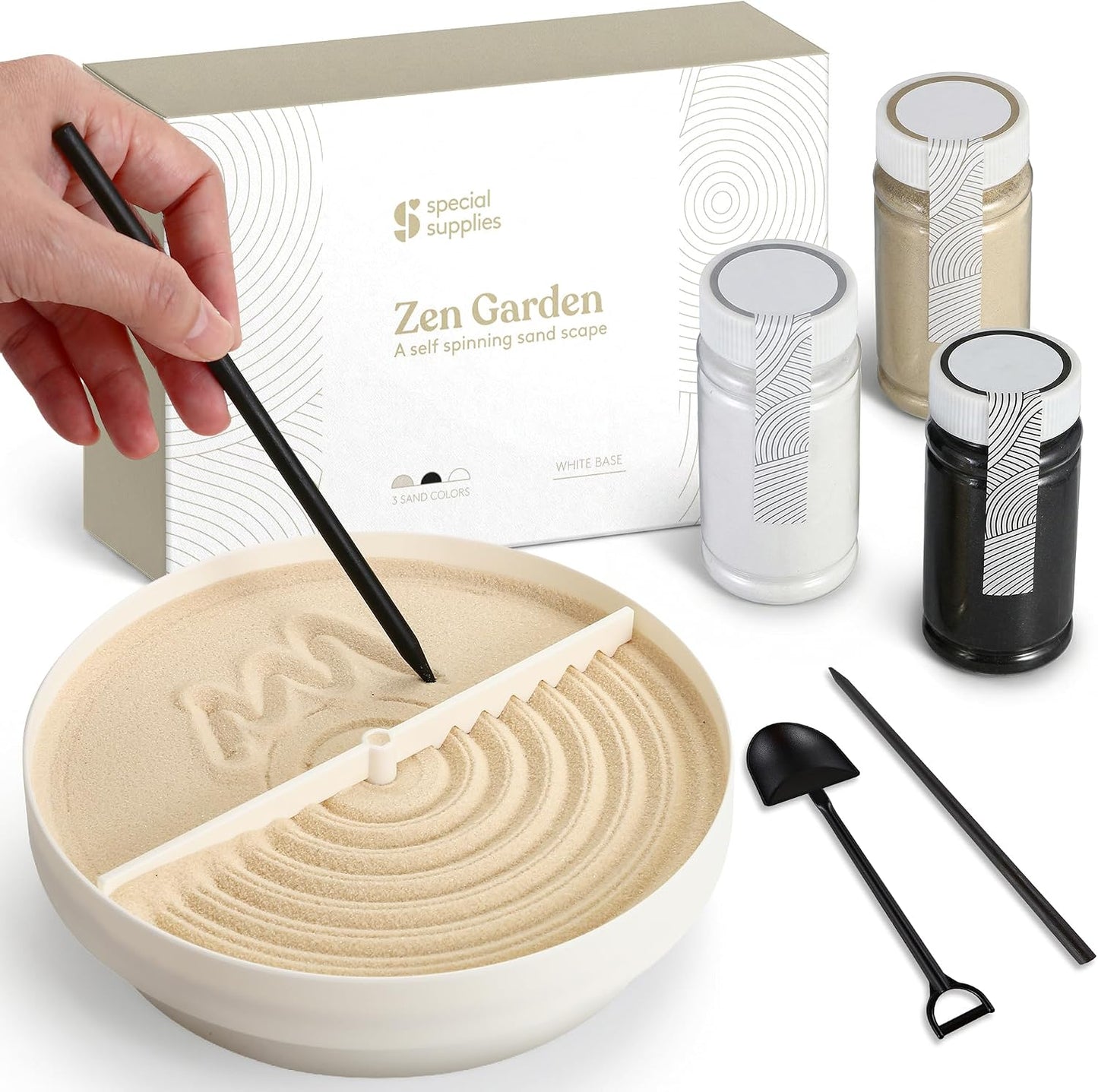 Special Supplies Zen Garden Sand Spinner – Self Spinning Sandscape for Desk, Mindfulness Kit, Stress Relief, Sensory Therapy Tools- Zen Garden Kit (Black)