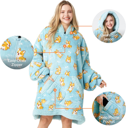 Giggling Getup Wearable Blanket Hoodie for Adults Gifts for Teen Girls Sister Women Sherpa Fleece Printed Hooded Blanket Sweatshirt Warm Cozy with Pocket & Sleeves Beige Cat
