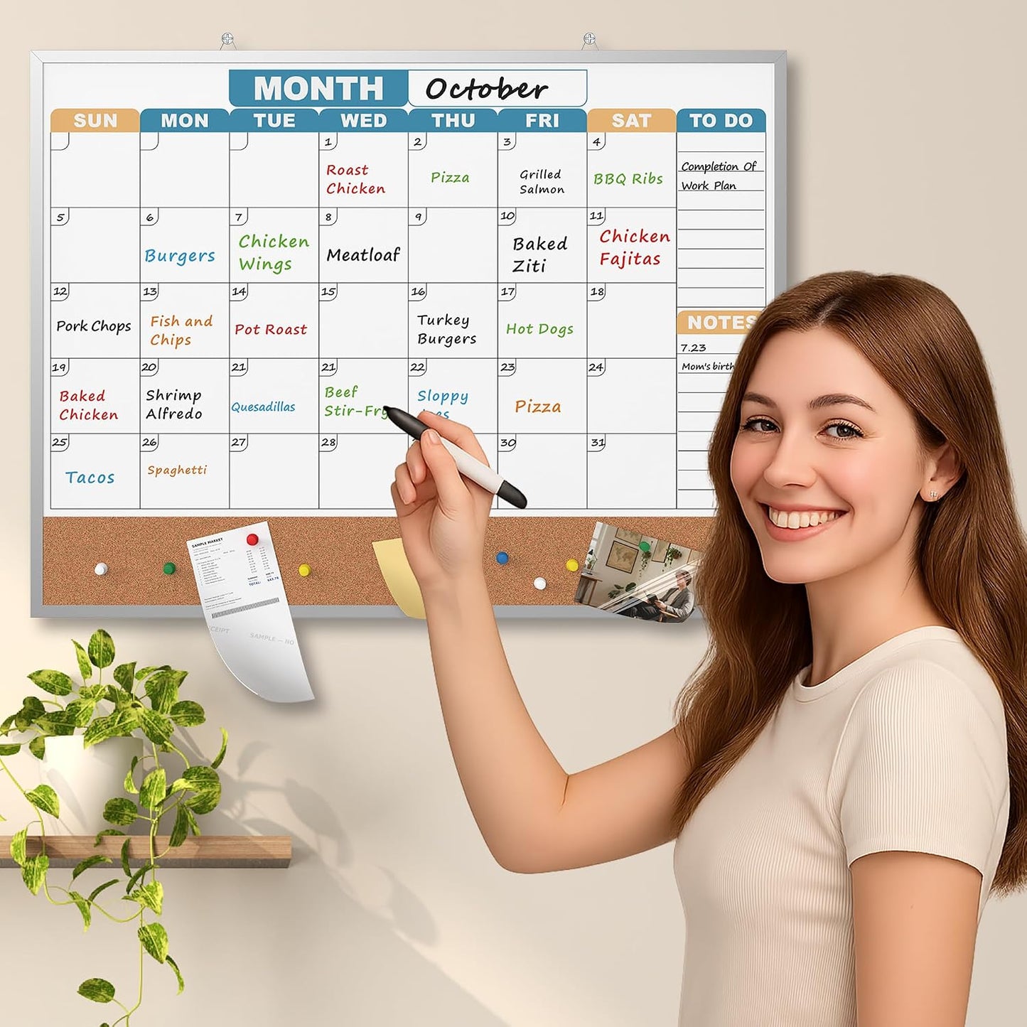 Monthly Calendar Dry Erase Board 16x12 Inch, Double-Sided Whiteboard and Corkboard Combo, Wall Mounted Planner Organizer with Markers, Magnets, Push Pins, Eraser, for Home Office School
