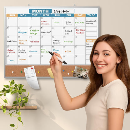 Monthly Calendar Dry Erase Board 16x12 Inch, Double-Sided Whiteboard and Corkboard Combo, Wall Mounted Planner Organizer with Markers, Magnets, Push Pins, Eraser, for Home Office School