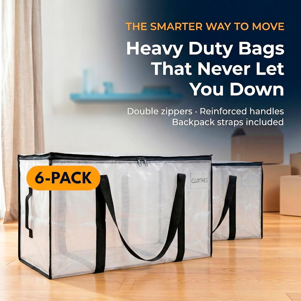 ClearSpace Heavy Duty Moving Bags - Water Resistant Storage Bags with Backpack Straps, Zippers and Handles - Large Moving Boxes for College Dorm, Travel, Closet Organization -, Clear