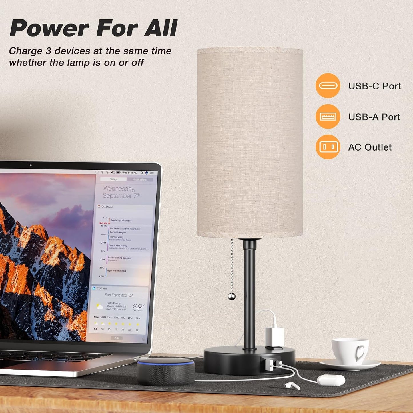 Small Bedside Table lamp for Bedroom - 3 Color Temperatures Bedside Lamps with USB C and A Ports, Pull Chain Table Lamps with AC Outlet, White Nightstand Lamps with Black Metal Base for Kids Reading