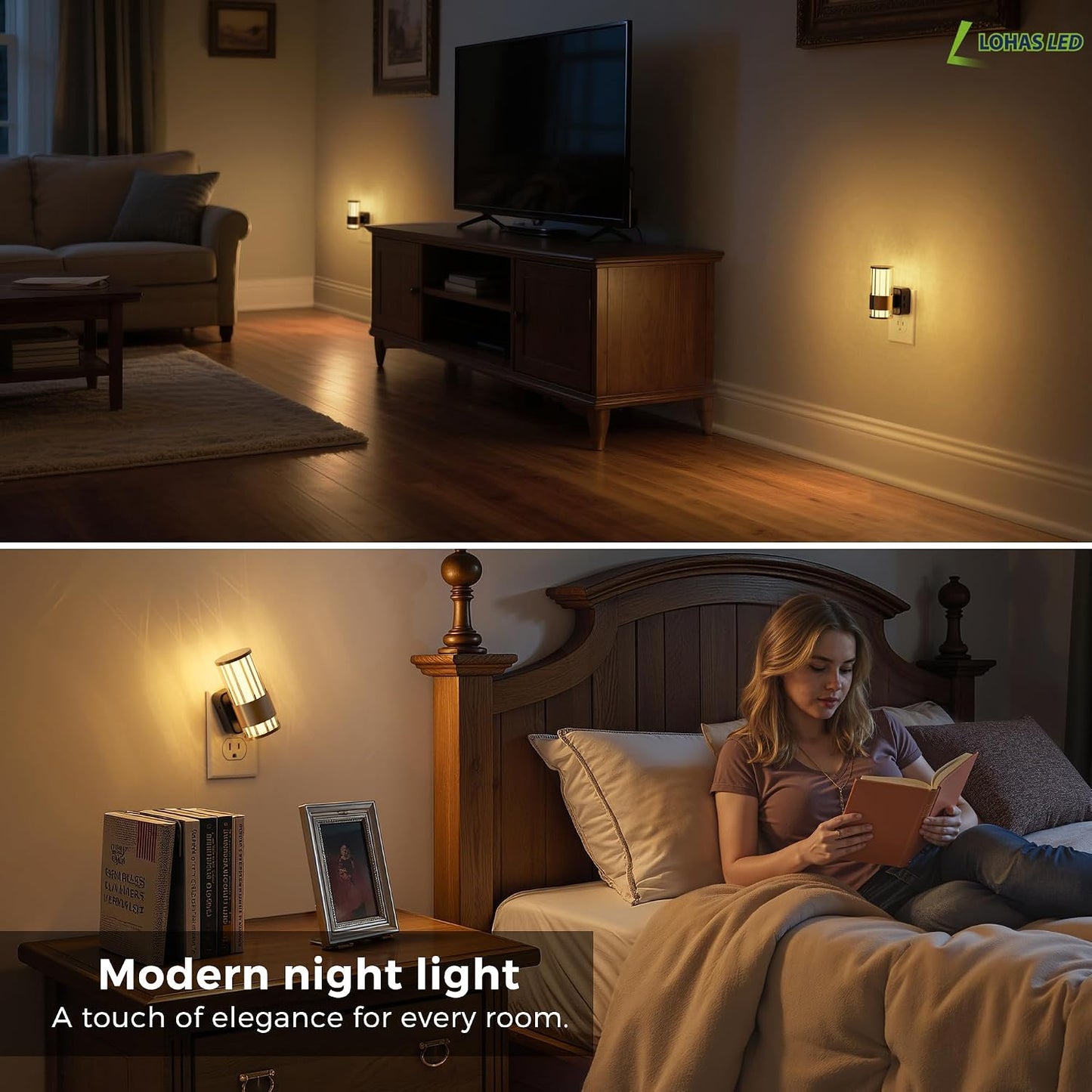 L LOHAS LED Night Light, Dimmable Night Lights Plug into Wall, Automatic Night Lights Plug in with Auto Light Sensor,Adjustable Brightness Amber LED Night Light, for Bedroom Hallway Home Decor