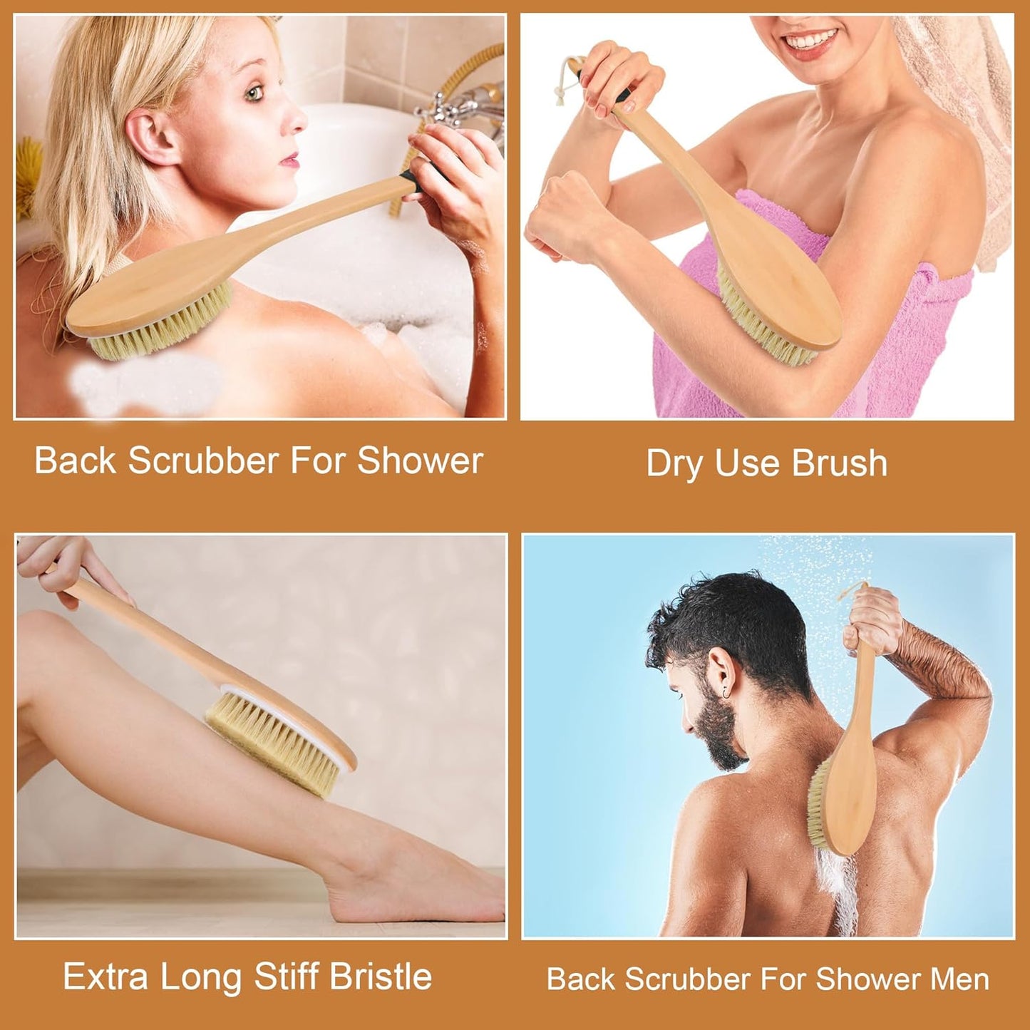 OWIIZI Back Scrubber Brush for Shower, Long Stiff Bristle Body Bath Brushes, Wooden Curved Long Handle Skin Exfoliator for Men Women Wet or Dry Use