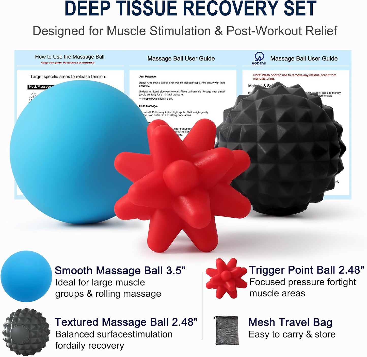HODEMI Peanut Massage Ball Set, 3 Pack Peanut Roller, Textured Massage Ball & Trigger Point Ball for Deep Tissue Massage and Myofascial Release for Back, Neck, Hip and Foot with Mesh Bag