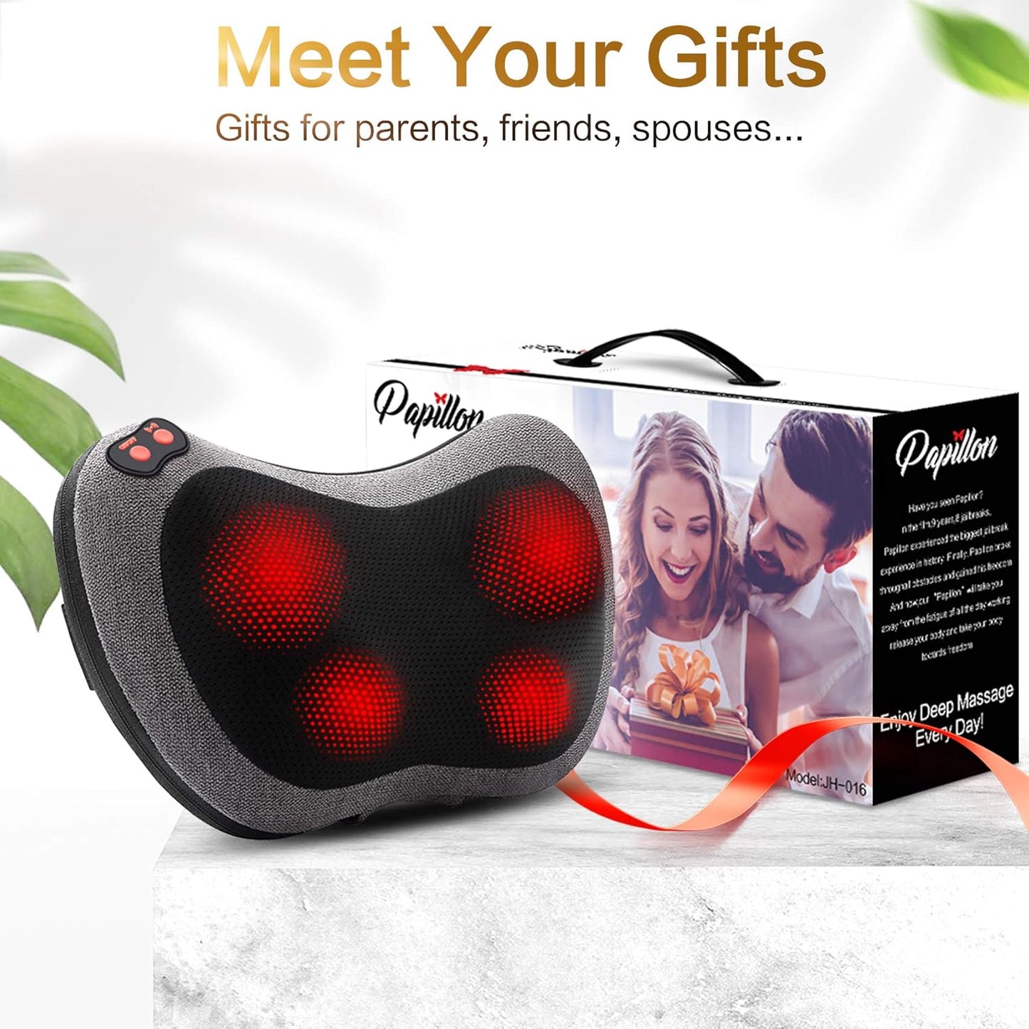 Papillon Back Massager with Heat, Shiatsu Deep Tissue Massage for Neck, Shoulder, Upper & Lower Back Pain Relief, Electric Kneading 3D Massager Pillow,Gifts for Women,Men,Mother,Her (Gray)