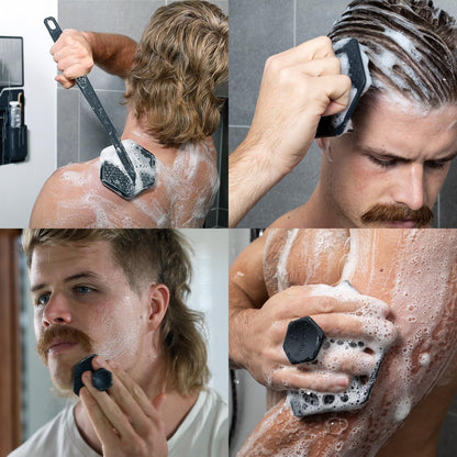 TOOLETRIES The Scrub King Silicone Shower Set for Men & Women, Hygienic Silicone Exfoliating Bath Set with Back Scrubber, Body Scrubber, Face Scrubber, Scalp Massager, Hooks & Holder - Charcoal