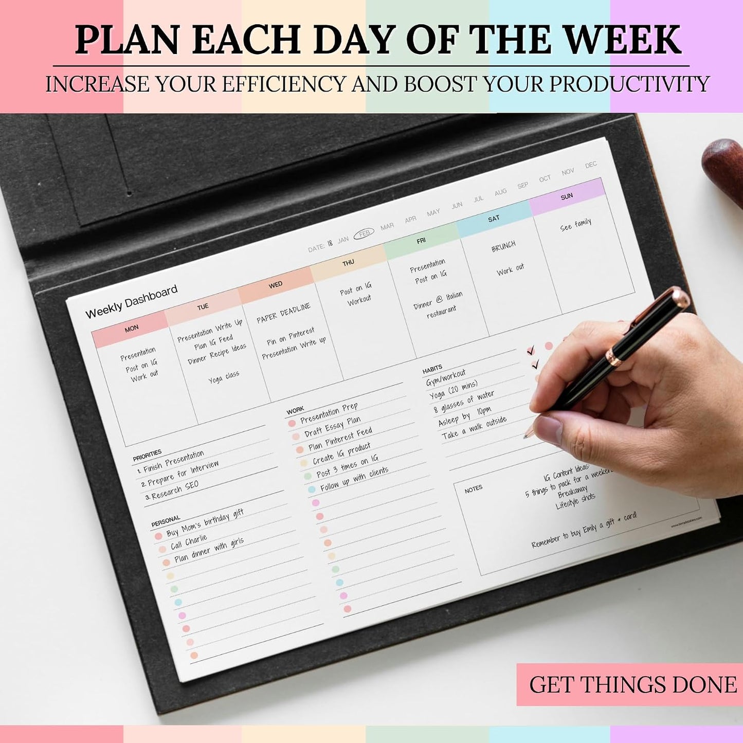 Weekly Dashboard To-Do List Notepad – Undated Weekly Planner with Habit Tracker & Notes – Minimalist A4 Layout for Productivity, Organization & Time Management (Colorful)