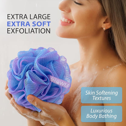SHOWER BOUQUET Loofah-Charcoal Bath-Sponge XL-Color-4-Pack // Extra Large 75g Soft Mesh Black Luffa Loofa Loufa Puff Set/Exfoliating Body Scrubber for Women and Men - Exfoliate & Soothe Face & Body