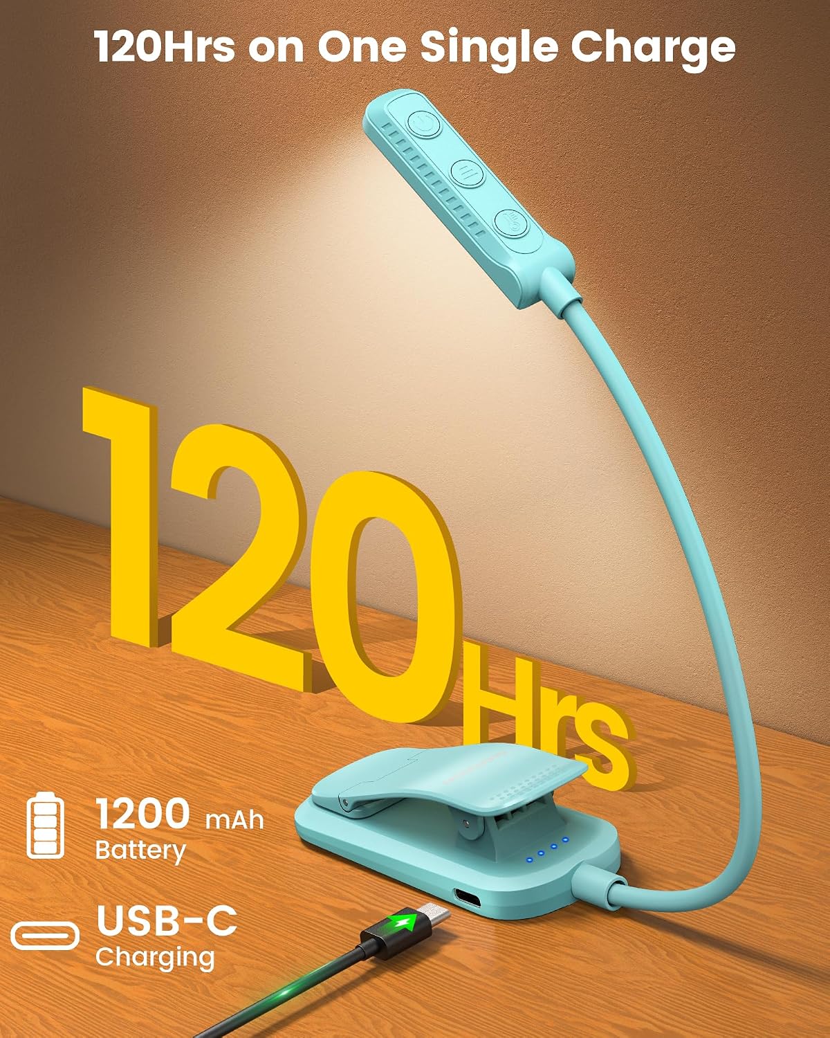 Glocusent 13 LED Reading Lights for Books in Bed, Eye-Caring Rechargeable Book Light 3 Amber Colors & Stepless Dimming, 120 Hrs Runtime, Travel Clip on Reading Lamp, Gifts for Book Lover Men Women Kid