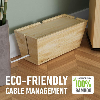 D-Line Bamboo Cable Management Box – Hide Power Strips, Large Cable Organizer Box for Home & Office, Wooden Cord Organiser for Desk, TV & Floor – Natural Finish