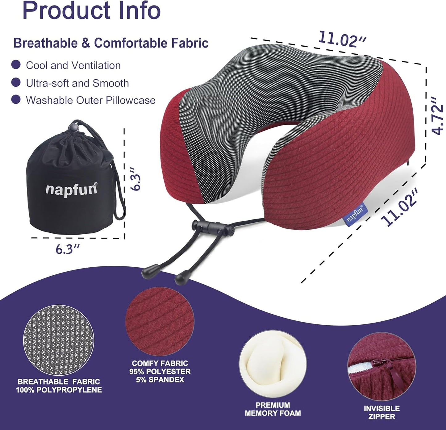 napfun Neck Pillow for Traveling, Upgraded Travel Neck Pillow for Airplane 100% Pure Memory Foam Travel Pillow for Flight Headrest Sleep, Portable Plane Accessories, Light Grey