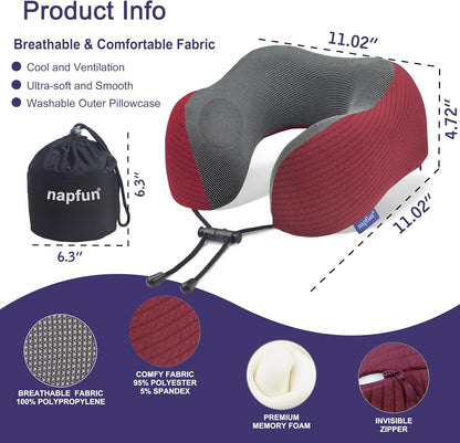 napfun Neck Pillow for Traveling, Upgraded Travel Neck Pillow for Airplane 100% Pure Memory Foam Travel Pillow for Flight Headrest Sleep, Portable Plane Accessories, Light Grey