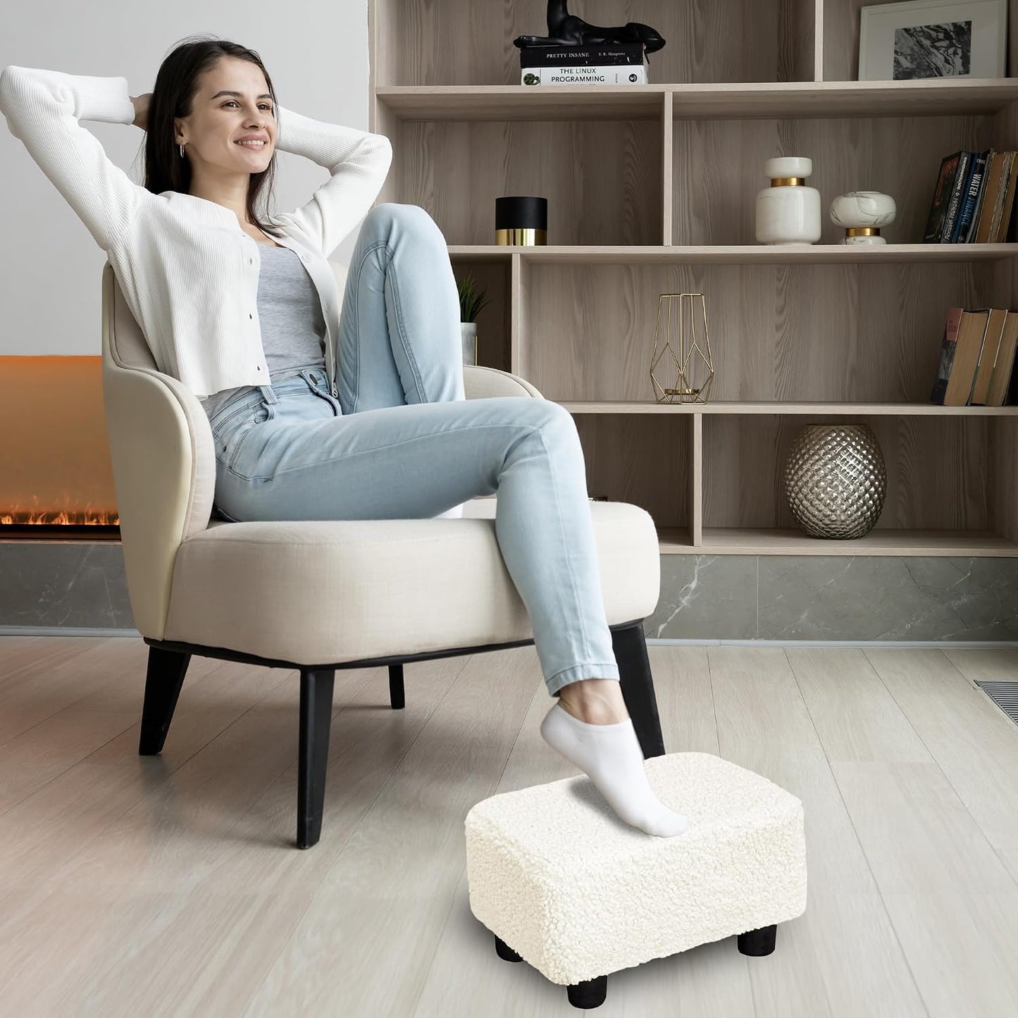 CAROLMADE Small Foot Stool Ottoman Footstool with Legs Under Desk Footrest for Living Room Bedroom and Office,Linen-Grey
