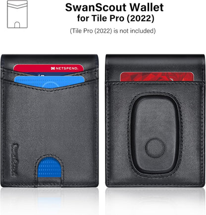 SwanScout Wallet for Tile Pro (2022), Cash Pocket Version, RFID Blocking Genuine Leather Bifold Wallet with Gift Box (Not Include Tracker)