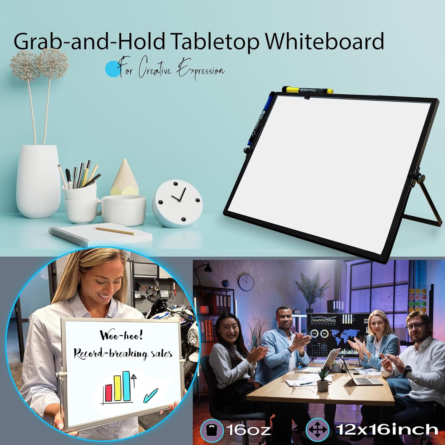 Dry Erase White Board for Desktop & Wall 12"x16" with 2 Magnetic Removable Planners - Weekly & Monthly to Do List Board with Stand, 6 Markers Eraser & Wall Hangers - Portable Double Sided Magnetic