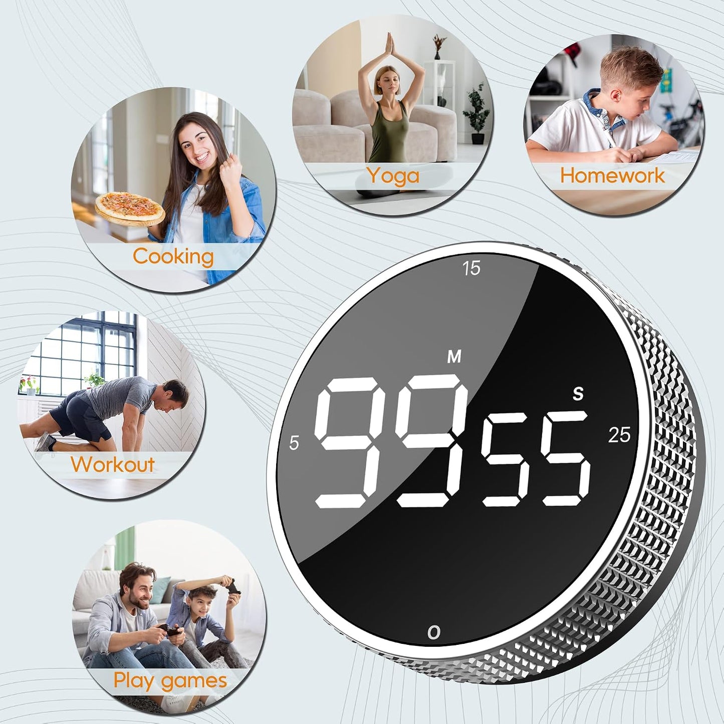 Digital Kitchen Timer, Magnetic Kitchen Timer Clock with Large LED Display, Countdown Count Up, Rotary Dial, 5/15/25 Min Presets, 3 Volume Levels for Cooking, Productivity, Pomodoro, Classroom