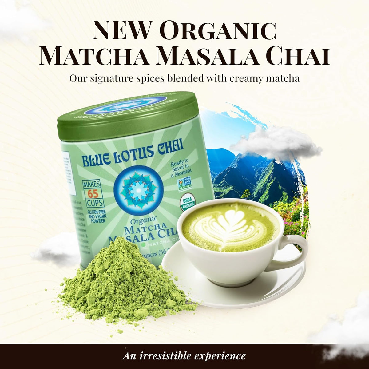 Blue Lotus Chai - Rooibos Flavor Masala Chai - Makes 65 Cups - 2 Ounce Masala Spiced Chai Powder with Organic Spices - Instant Indian Tea No Steeping - No Gluten