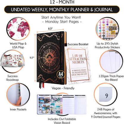 Life Planner - Undated Weekly & Monthly Planner, 12-Month Journey to Increase Productivity | Gratitude Journal, Life Organizer & Goal Journal | Include Foldable Vision Board, Habit Tracker & Stickers