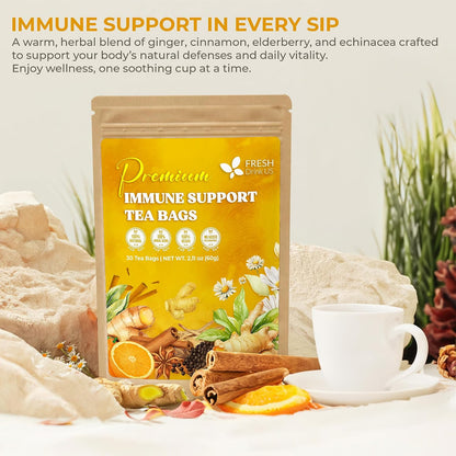 FreshDrinkUS, Premium 30 Tea Bags Immune Support Herbal Tea, Ginger, Cinnamon, Chamomile, Licorice Root, Black Pepper and Orange Peel – 100% Natural, Caffeine-Free, Vegan