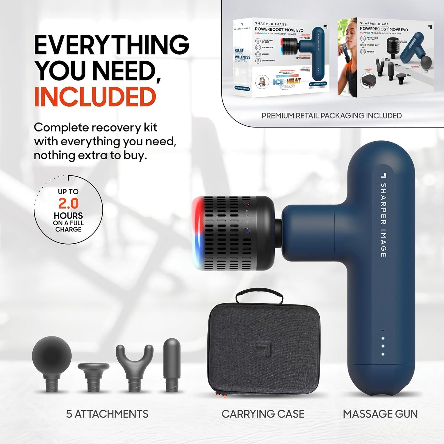 Sharper Image Deep Tissue Percussion Massage Gun, Powerboost Move Evo Hot & Cold Rechargeable Handheld Massager, 4 Adjustable Speeds, 5 Attachment Heads & Carrying Case, for Muscle Pain Relief, Blue