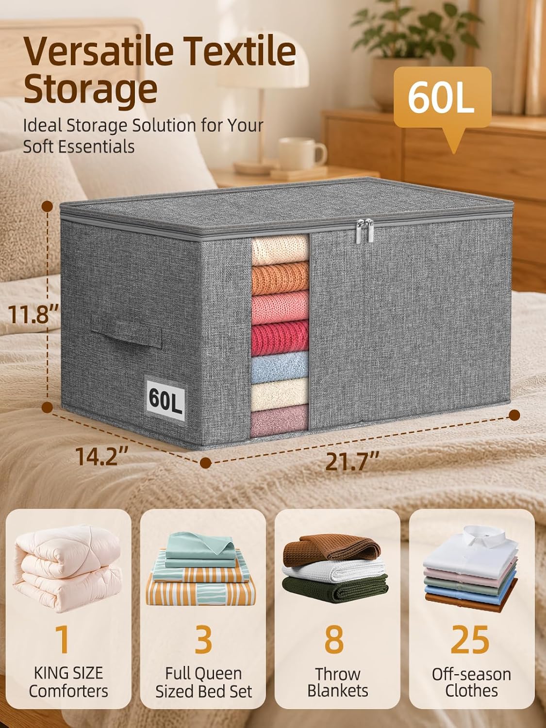 90L Rigid-Structured King Size Comforter Storage Bag, 2 Pack, Gray