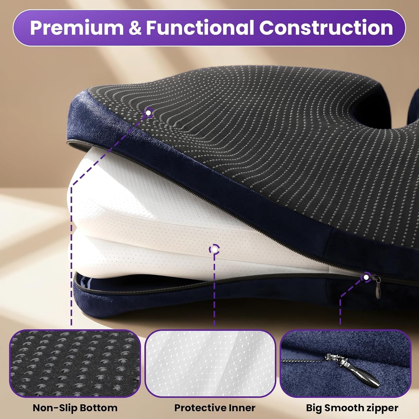 ZZ-WELL Seat Cushion for Office Chairs, Black, 21.2 Inches | Coccyx Cushion for Tailbone Pain, Memory Foam, Extra Large Thick, Patented Pressure Relief, Computer Gaming Chair